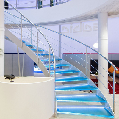 Modern LED Curved Steel Stairs Customized Luxury Powder Coat SUS304