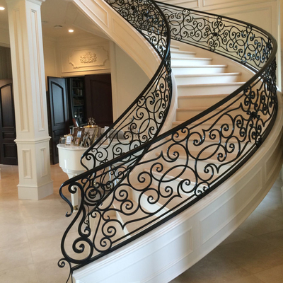 12mm Tempered Glass Wrought Iron Wooden Curved Staircase for Iron Balustrade