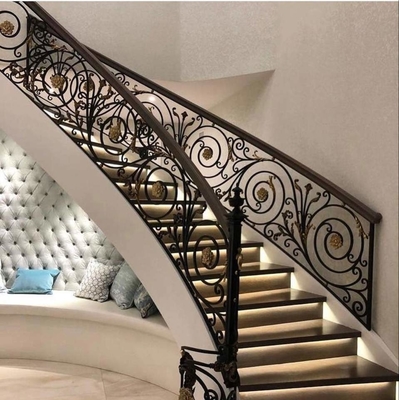 12mm Tempered Glass Wrought Iron Wooden Curved Staircase for Iron Balustrade