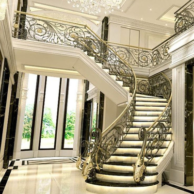 12mm Tempered Glass Wrought Iron Wooden Curved Staircase for Iron Balustrade